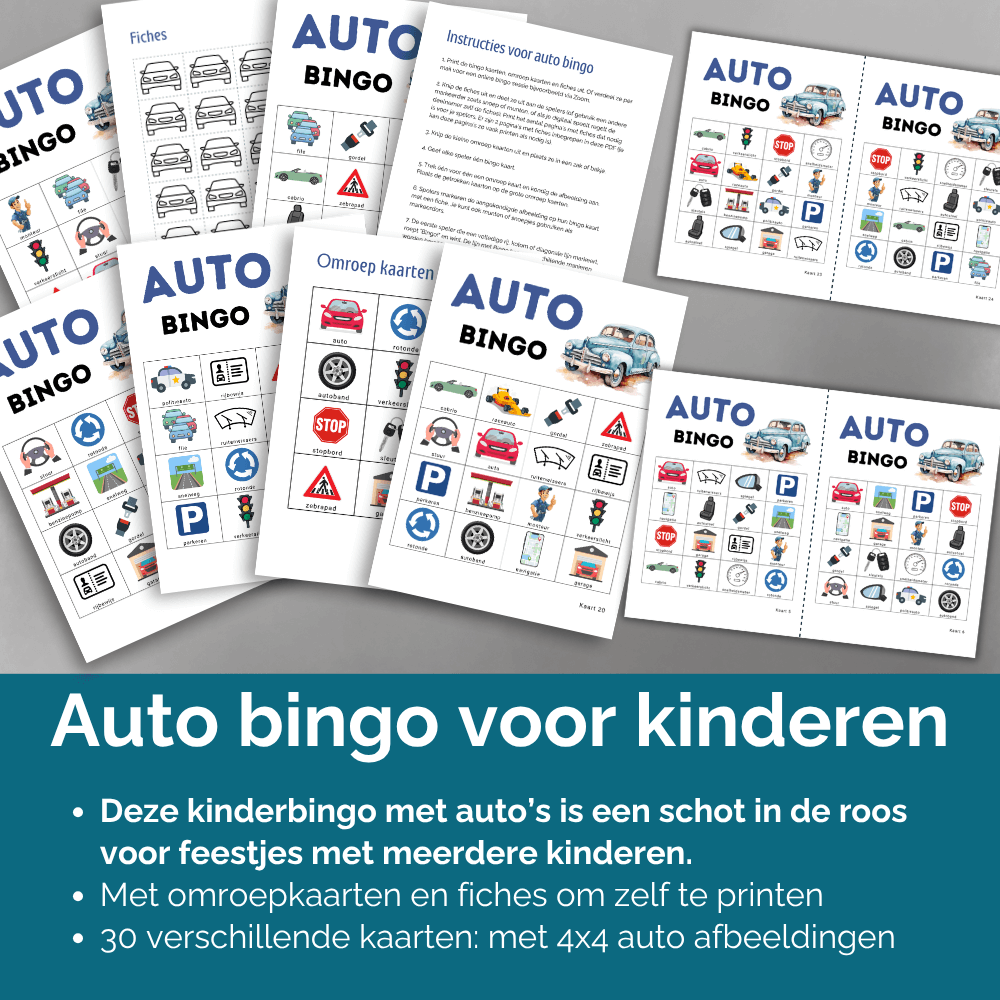 Digitaal bingo spelletje met auto’s, speciaal voor kinderen (tot 30 spelers)