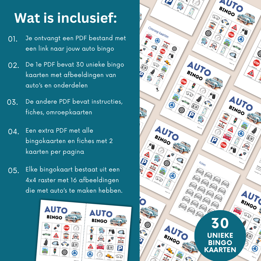 Auto bingo spel geschikt voor grote groepen kinderen tot 30 kinderen, ideaal voor kinderfeest