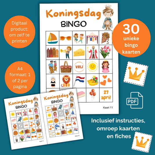 Koningsdag bingo met 30 unieke kaarten om te printen als PDF.