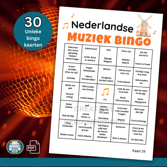 Muziekbingo met 30 unieke kaarten vol Nederlandstalige muziek, geschikt voor feestjes en spelletjesavonden