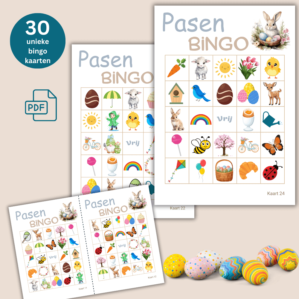 Paas bingo PDF met 30 speelkaarten om direct te downloaden en printen.