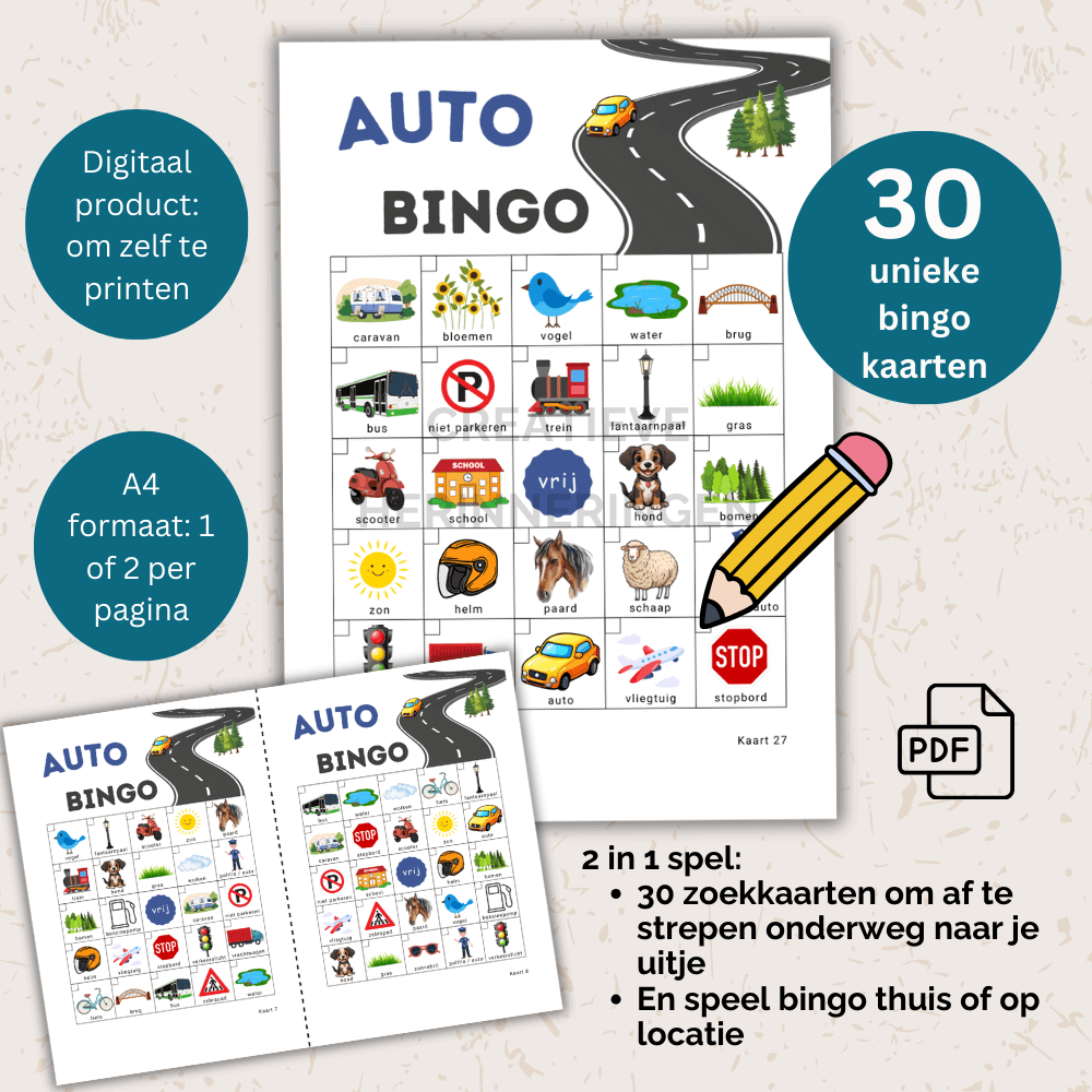 Auto bingo onderweg naar een feestje met afstreepkaarten voor kinderen (30 kaarten)