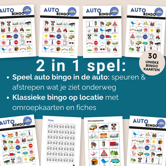 Bingo spel voor in de auto met afstreepfunctie én klassieke bingo optie op 30 unieke kaarten
