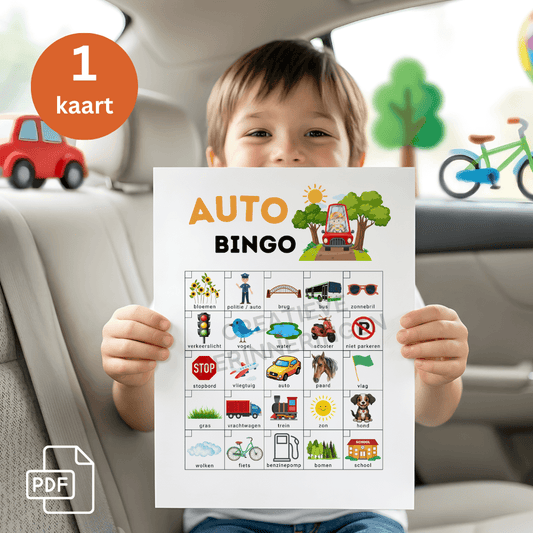 Auto bingo spelletje wat leuk is voor kinderen om te spelen vanuit de auto: zoeken & afstrepen