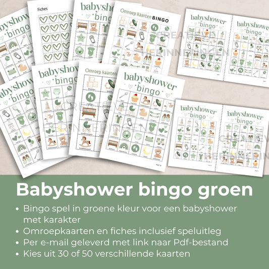 Uit te printen babyshower activiteit in fris en speels ontwerp: speel bingo met 30 of 50 kaarten