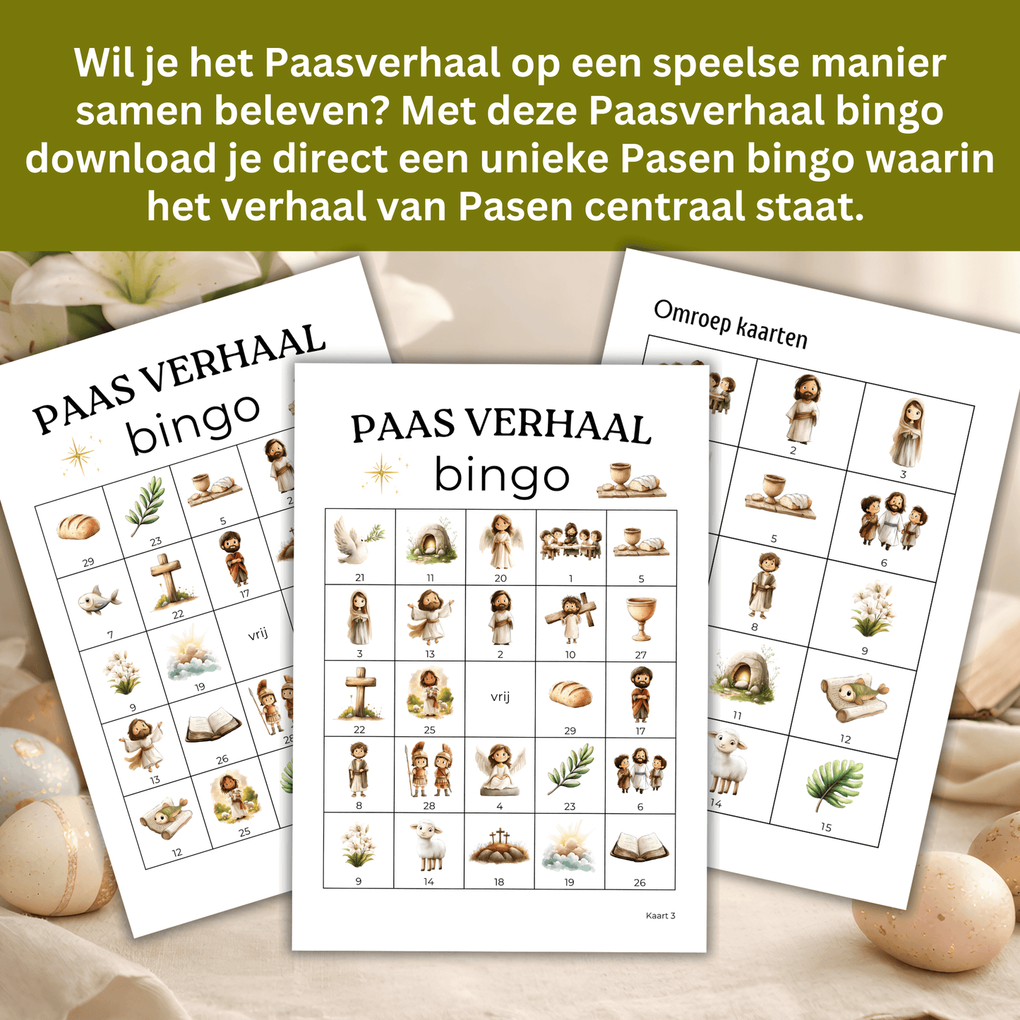 Paasverhaal bingo met Bijbelse figuren, 15, 30 of 50 kaarten