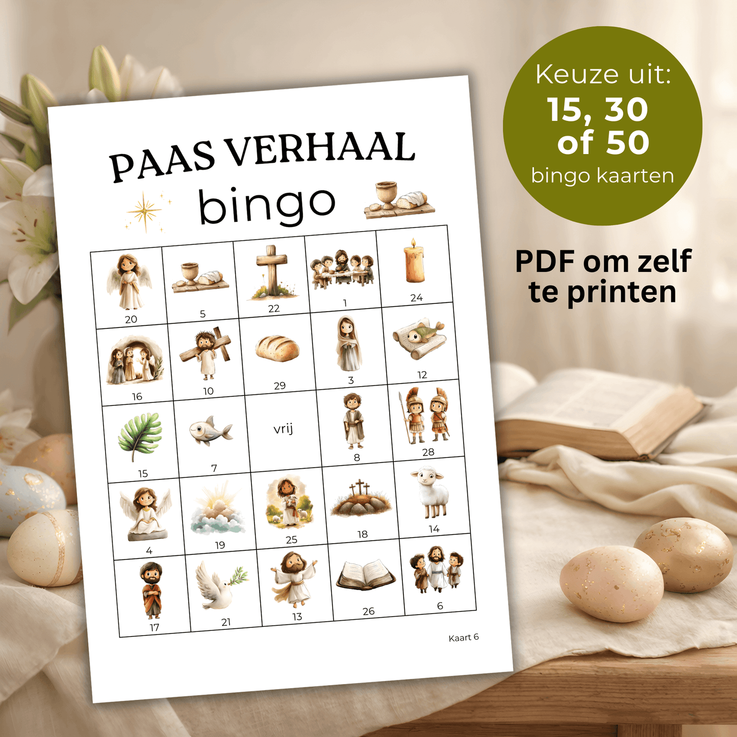 Paasverhaal bingo met afbeeldingen uit het verhaal van Pasen, geschikt voor gezin, school of kerk.