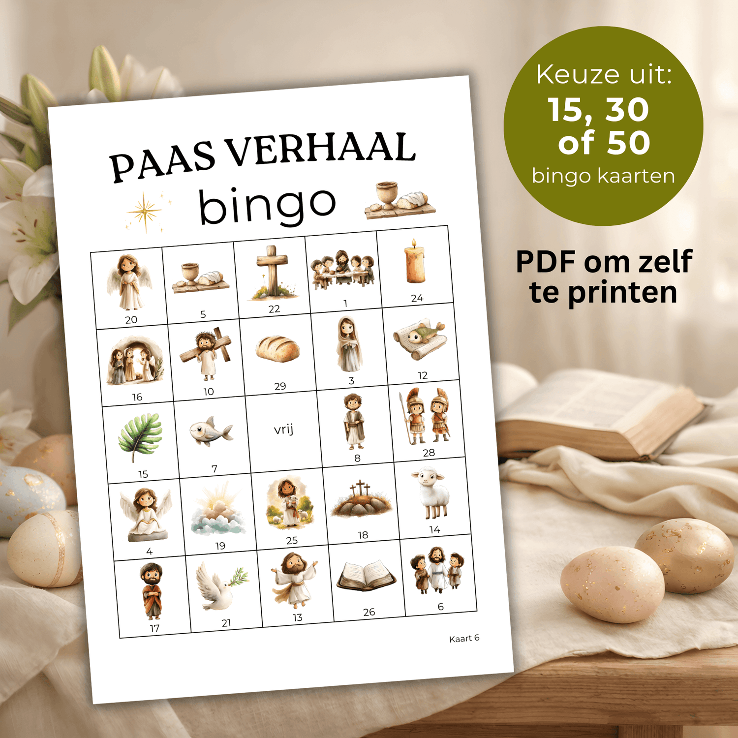 Paasverhaal bingo met afbeeldingen uit het verhaal van Pasen, geschikt voor gezin, school of kerk.