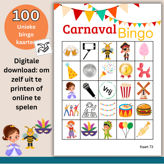 100 unieke Carnavals bingo kaarten voor grote groepen in PDF formaat.