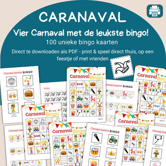 100 unieke bingo kaarten voor je volgende Carnavalsfeest, snel te downloaden.
