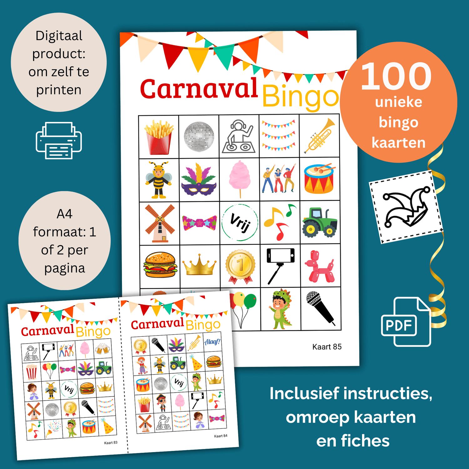 100 carnavaleske bingo kaarten voor een feestelijk en leuk spel.