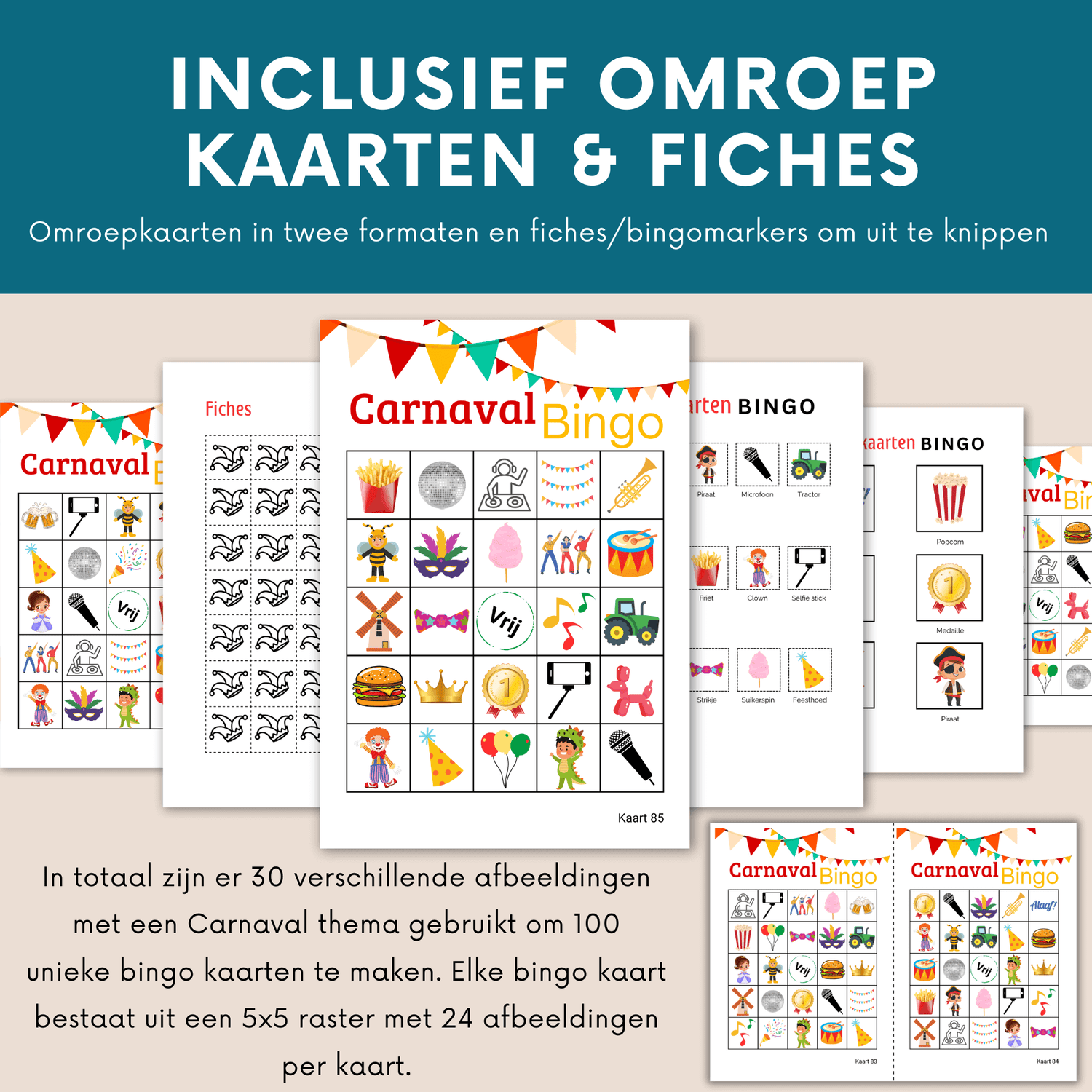 Maak je Carnavalsfeest compleet met 100 bingo kaarten voor grote groepen.