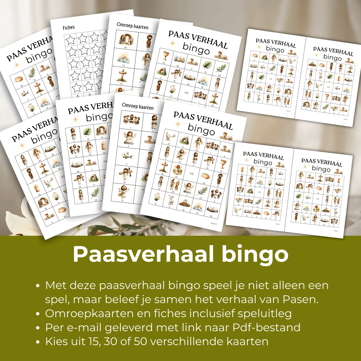 Paasverhaal bingo kaarten om samen stil te staan bij het verhaal van Pasen.