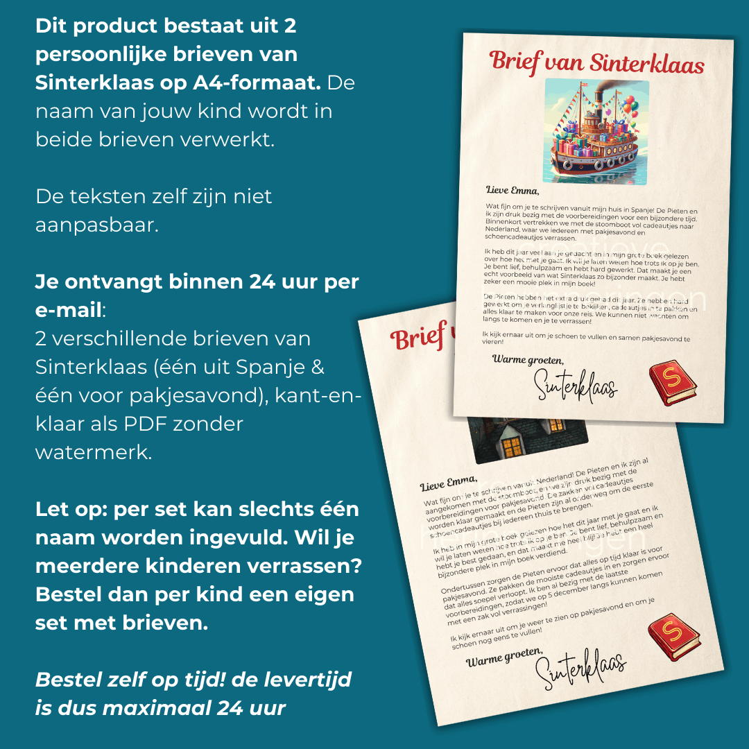 Twee brieven van Sinterklaas met naam van je kind, perfect voor pakjesavond of schoenzetten.