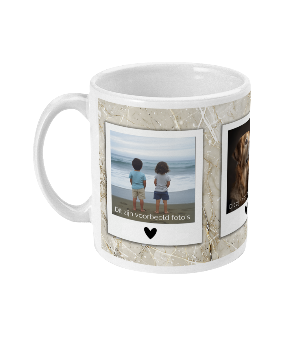 3 Foto’s op mok met hartjes in polaroid goud beige marmer look