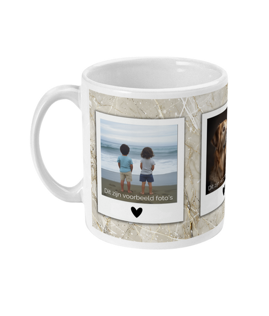 3 Foto’s op mok met hartjes in polaroid goud beige marmer look