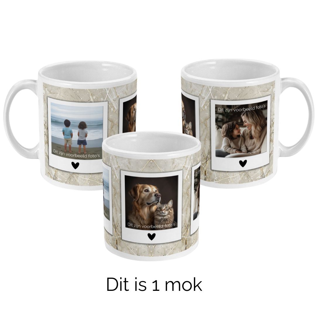 3 Foto’s op mok met hartjes in polaroid goud beige marmer look