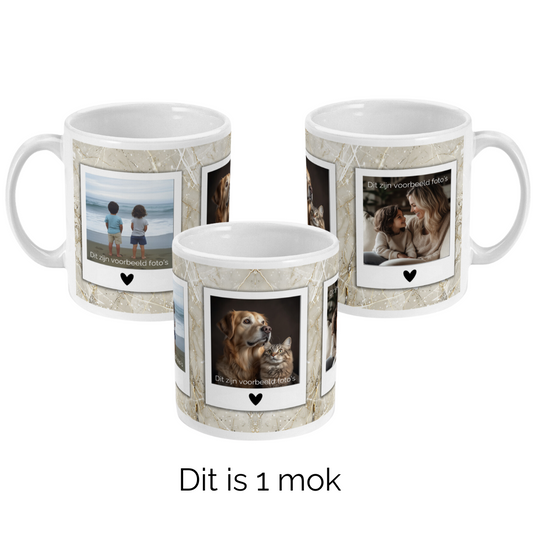 3 Foto’s op mok met hartjes in polaroid goud beige marmer look