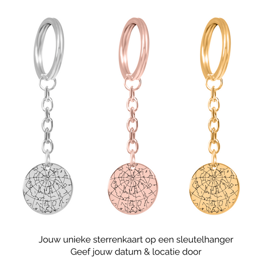 Gepersonaliseerde sleutelhanger met sterrenkaart van sterrenstand op datum en locatie