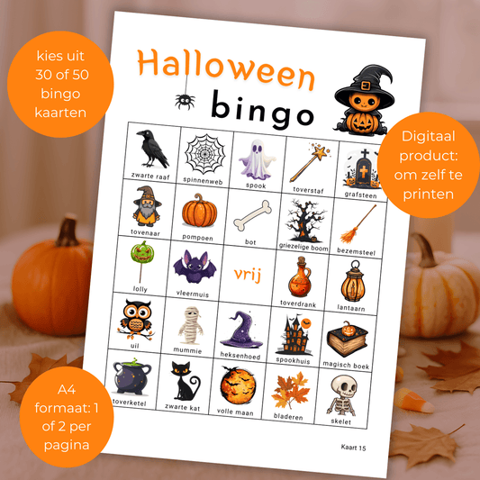 Bingo kaarten voor Halloween bingo als PDF, beschikbaar in 50 stuks