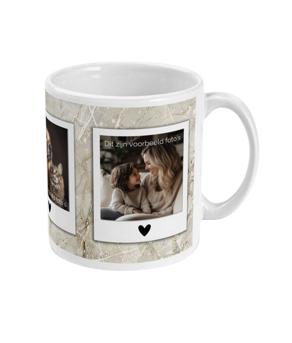 3 Foto’s op mok met hartjes in polaroid goud beige marmer look