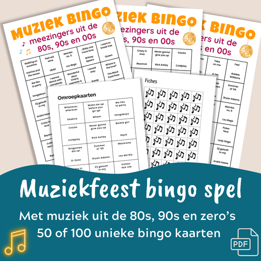 Bingo met feestmuziek uit de 80s,90s en zero’s, te spelen met uit te printen muziekbingo kaarten en een bijpassende muzieklijst.