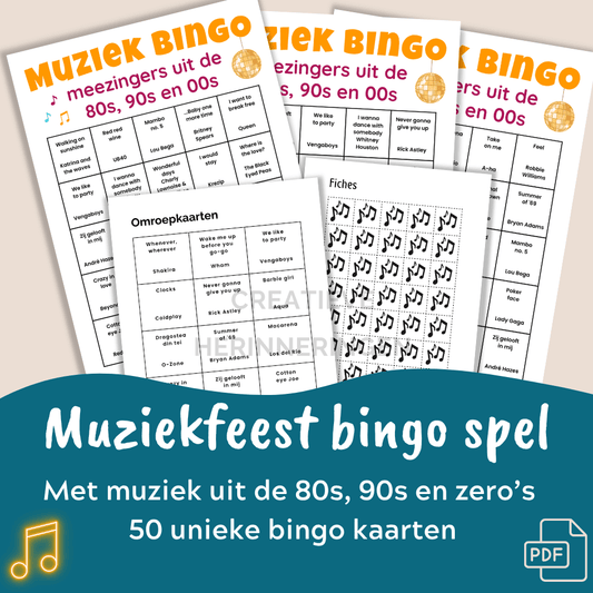 Bingo met feestmuziek uit de 80s, 90s en zero’s, te spelen met uit te printen muziekbingo kaarten en een bijpassende muzieklijst.