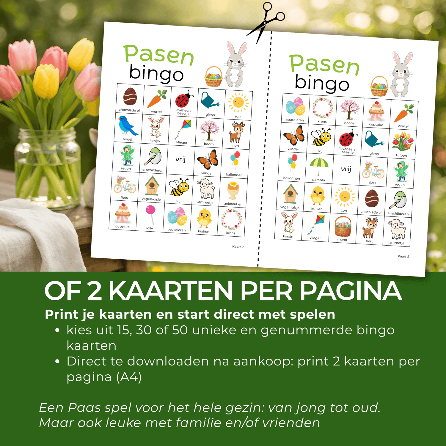 Bingo voor Pasen met kleurrijke plaatjes, een leuke paas activiteit voor gezin en familie.