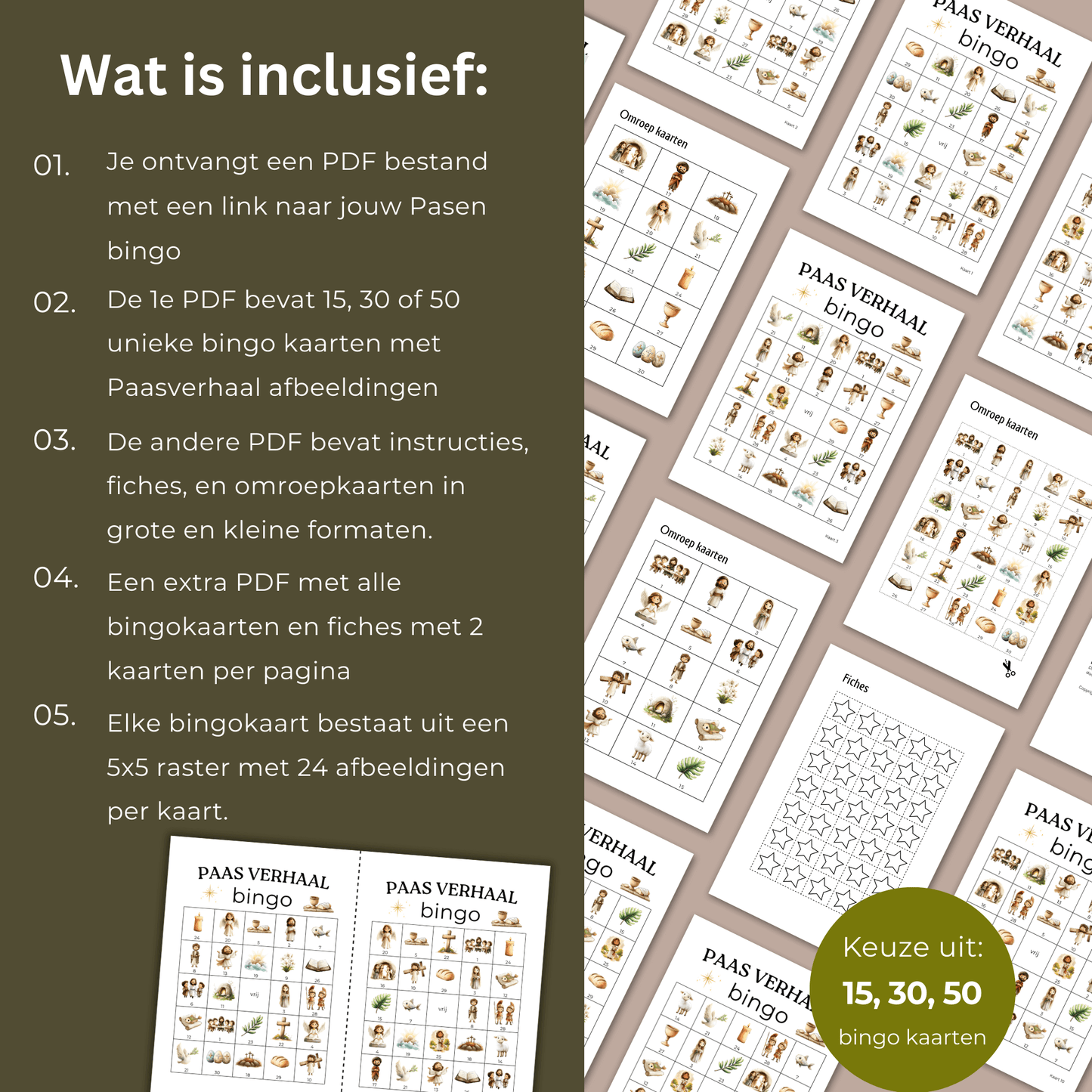Pasen bingo PDF met christelijke afbeeldingen uit het paasverhaal.