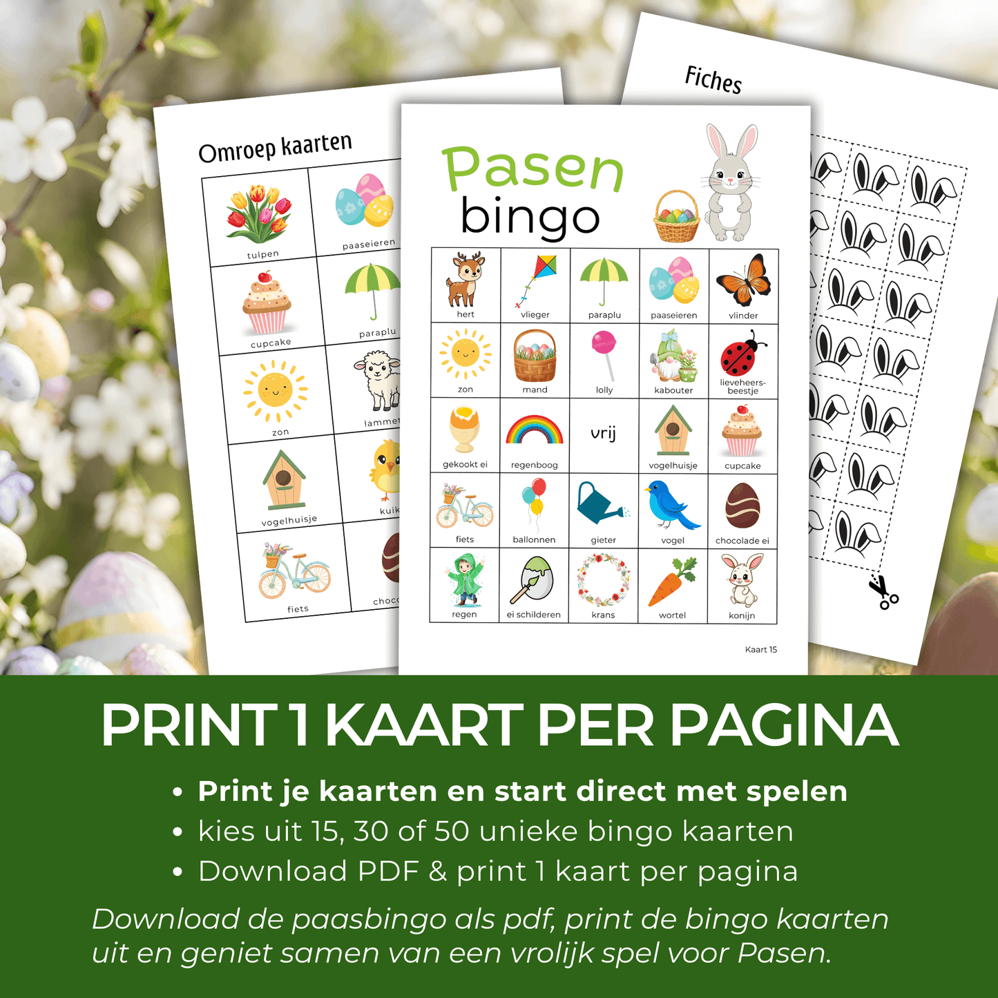 Paasbingo kaarten verkrijgbaar in 15, 30 of 50 unieke varianten voor kleine en grote groepen.
