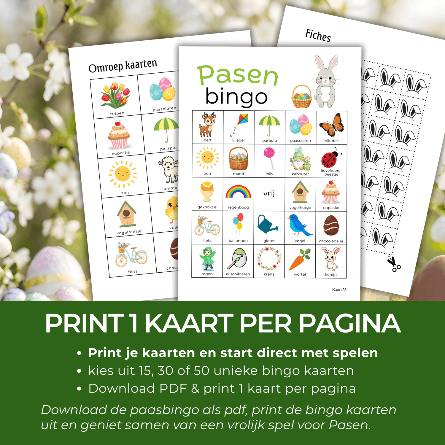 Paasbingo kaarten verkrijgbaar in 15, 30 of 50 unieke varianten voor kleine en grote groepen.