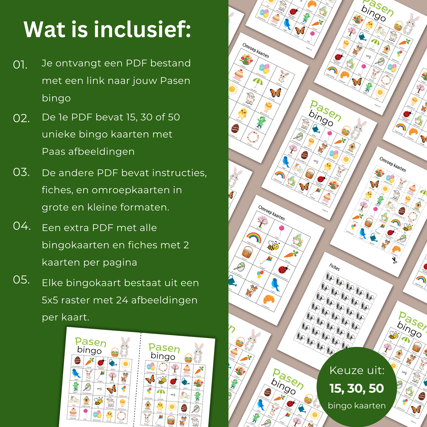 Paasbingo PDF om zelf te printen met 5x5 speelkaart en vrij middenvak, direct klaar voor gebruik.