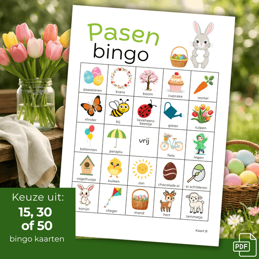Paasbingo kaarten met vrolijke afbeeldingen voor het hele gezin, ideaal als paas activiteit om samen te spelen.