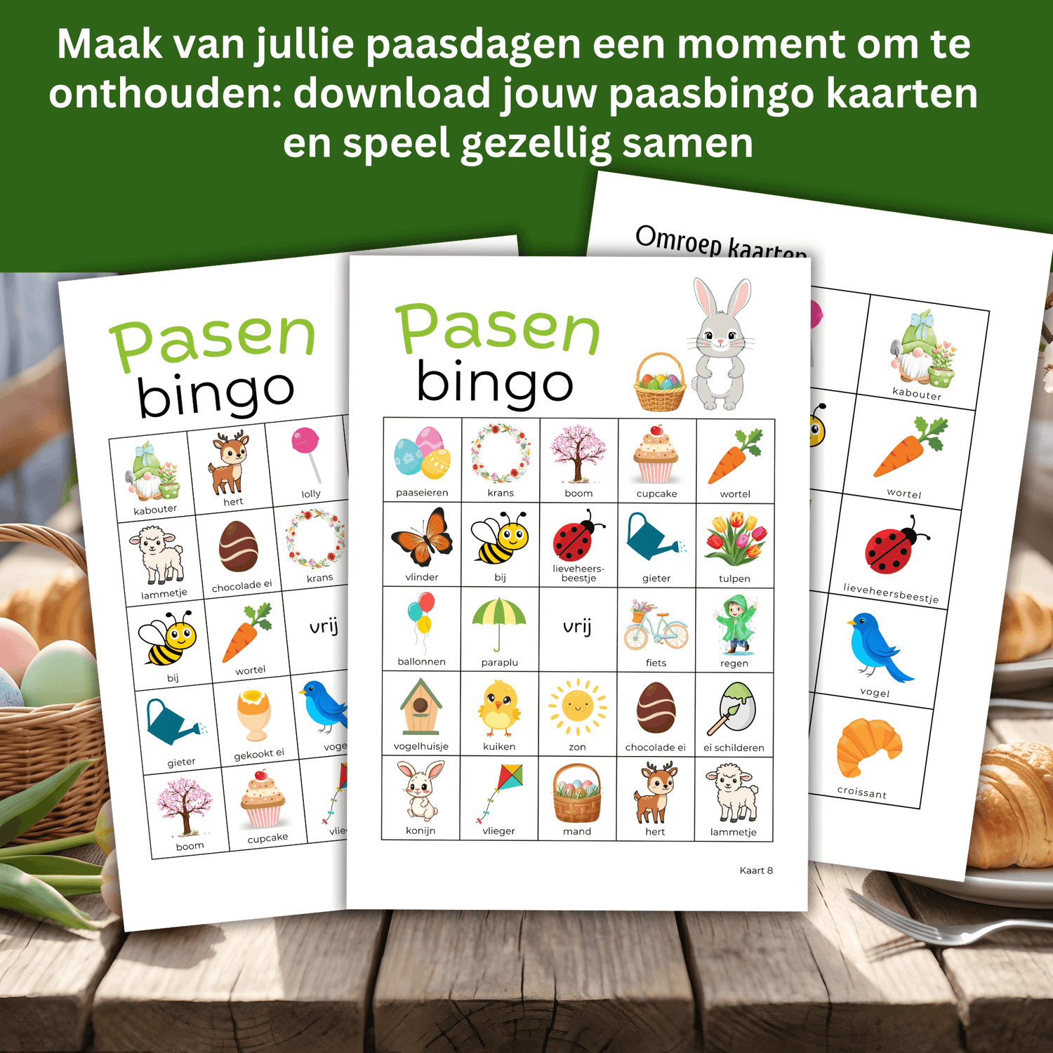 Paasbingo kaarten als gezellig spel voor jong en oud tijdens Pasen of paasbrunch.