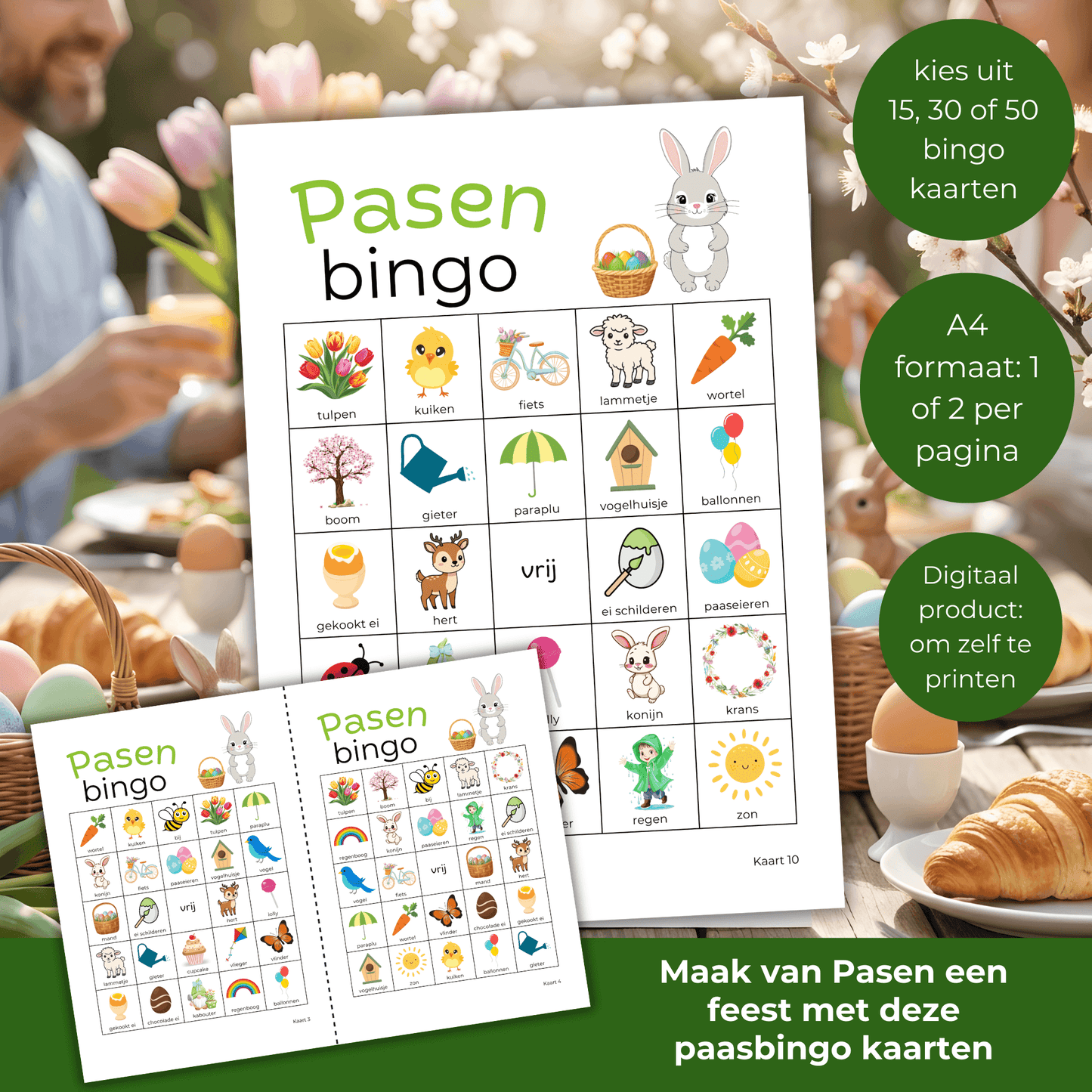 Paasbingo kaarten om samen aan tafel te spelen tijdens Pasen of een paasbrunch.