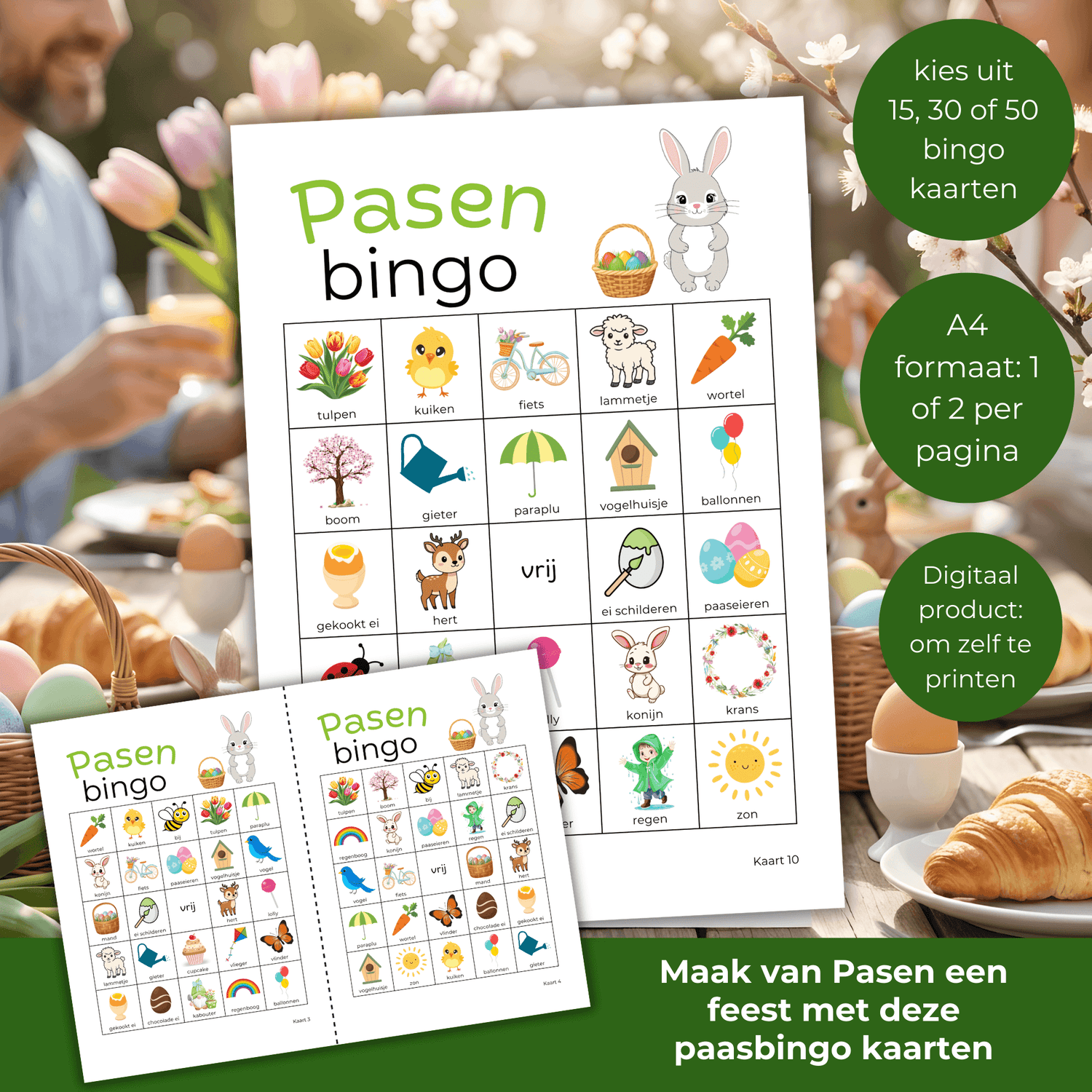 Paasbingo kaarten om samen aan tafel te spelen tijdens Pasen of een paasbrunch.