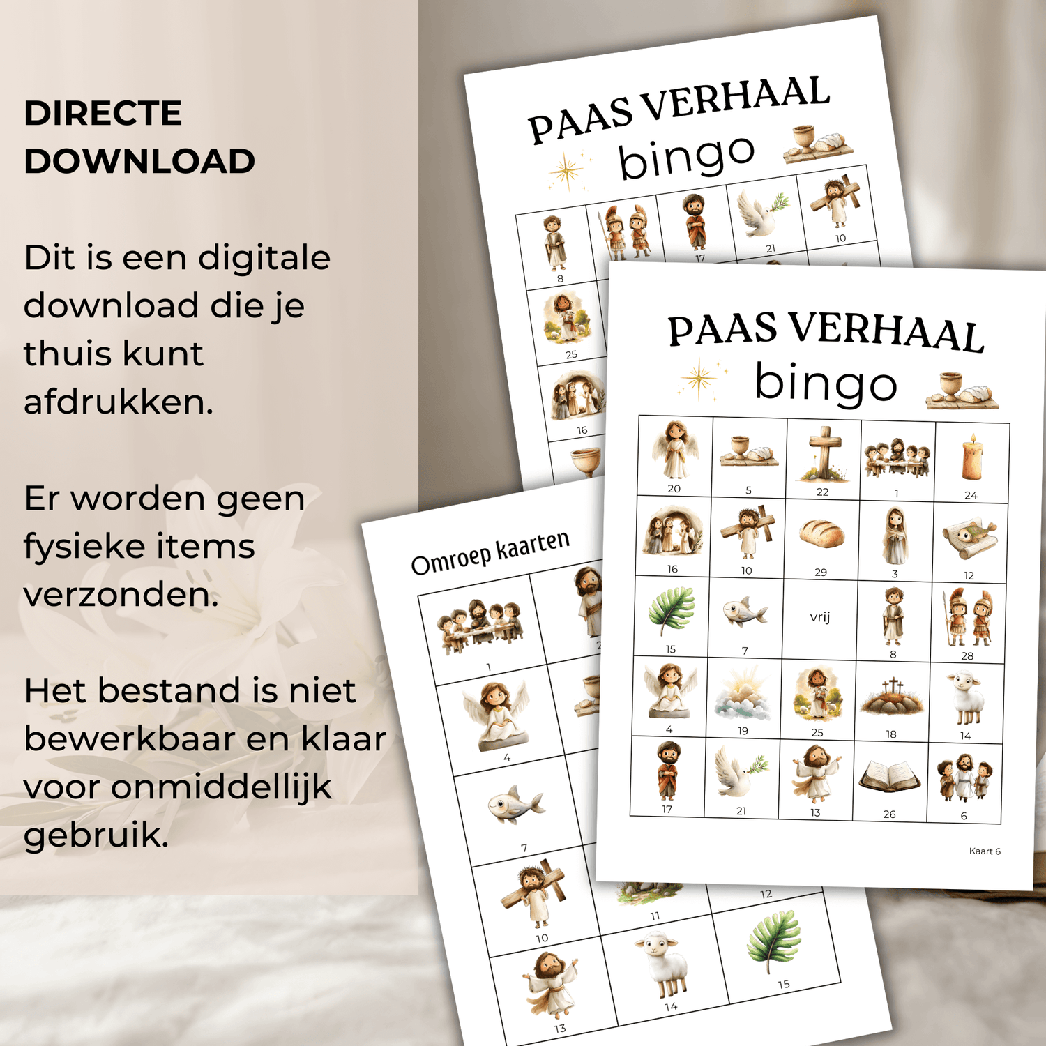 Te downloaden paasverhaal bingo met 15, 30 of 50 unieke kaarten.