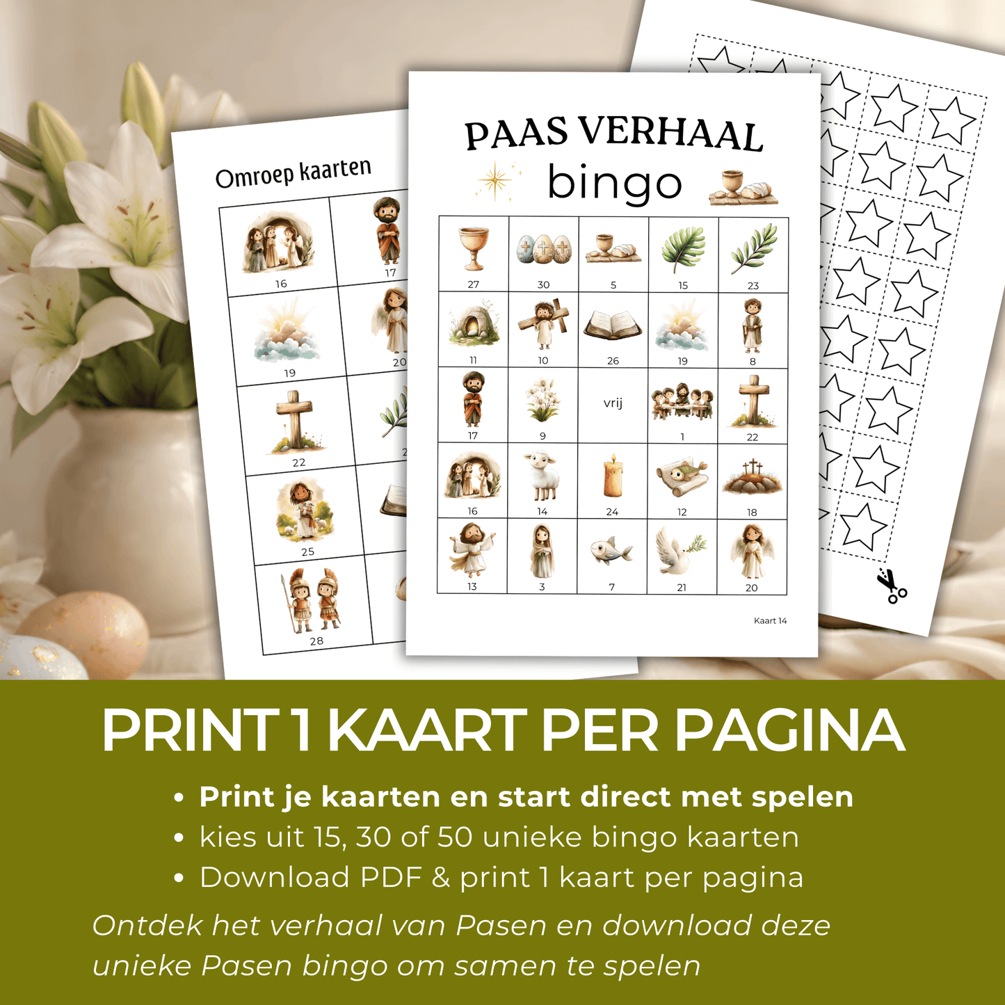 Bijbelverhaal Pasen verwerkt in een te spelen paasverhaal bingo als PDF download.