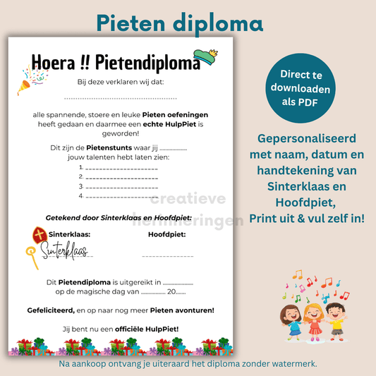 Het leukste pietendiploma voor peuters en kleuters, eenvoudig te personaliseren met de naam