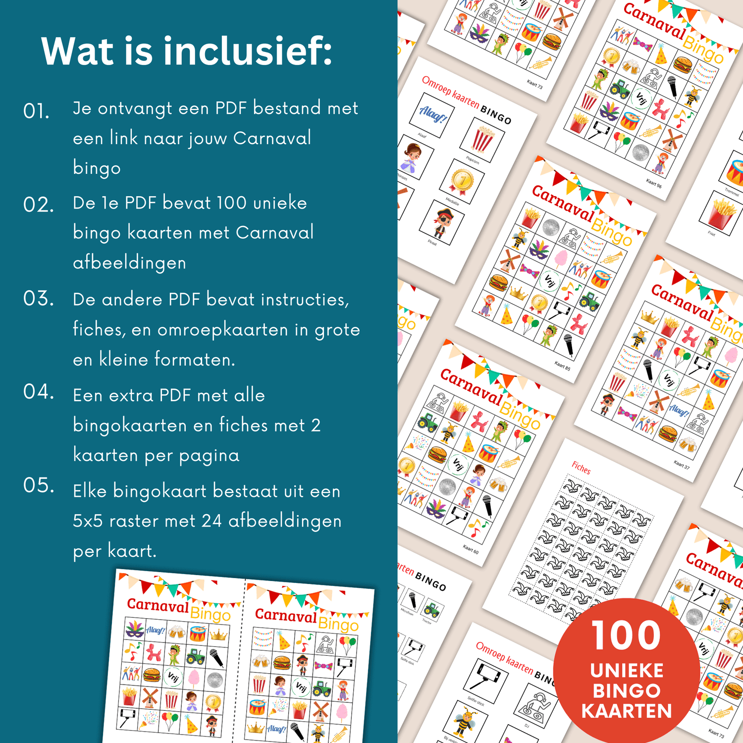 Speel Carnavals bingo met 100 verschillende bingo kaarten en breng de feeststemming op gang.
