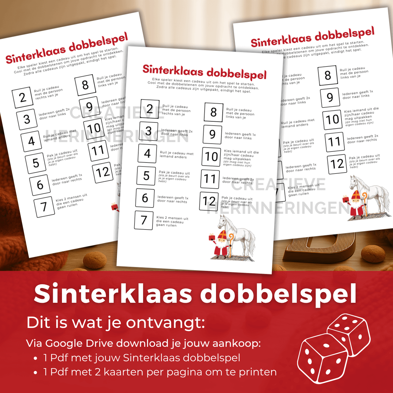 Dobbelspel voor Sinterklaas met twee dobbelstenen en leuke acties