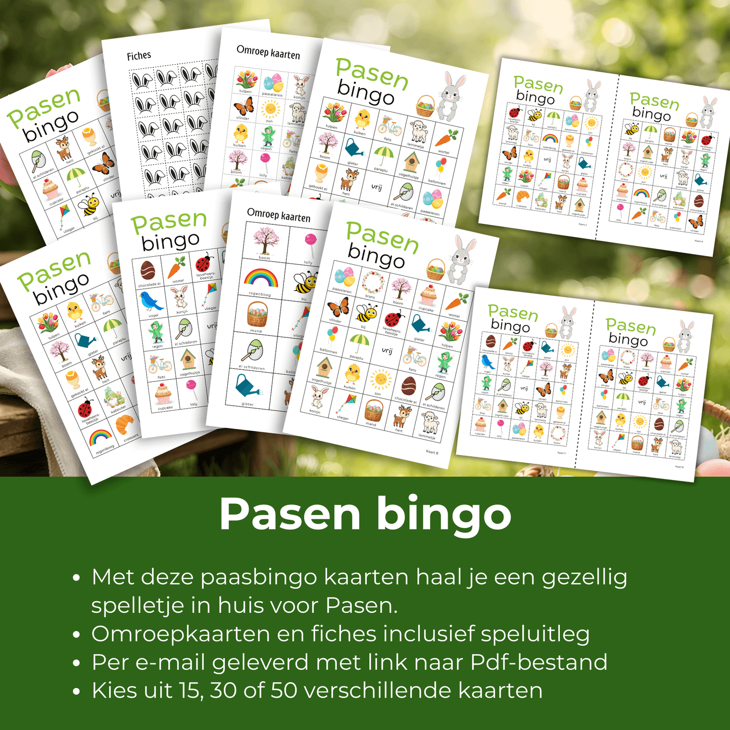 Vrolijke paasbingo kaarten als PDF download met paaseieren, konijn en andere plaatjes