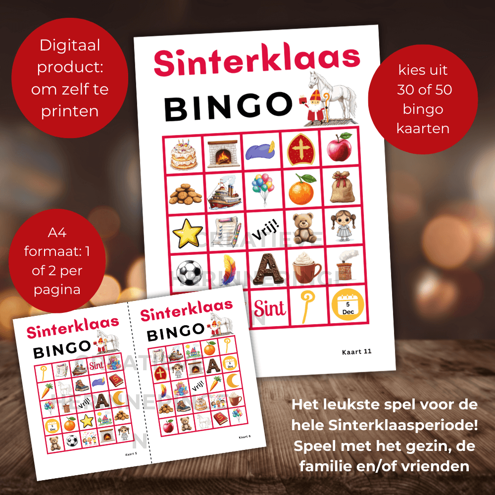 Uit te printen Sinterklaas bingo als digitaal spel met 30 unieke kaarten