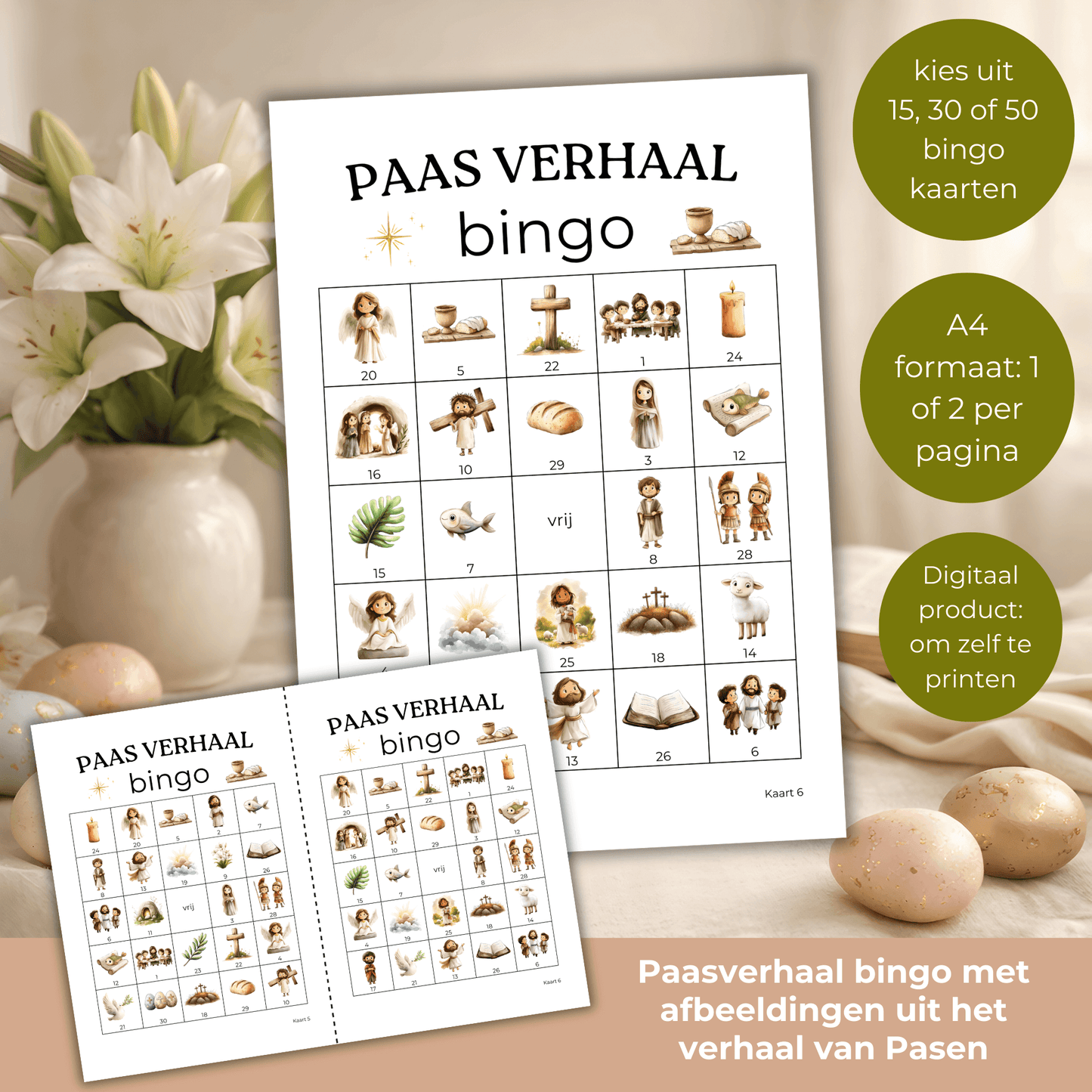 Unieke Pasen bingo waarin het paasverhaal stap voor stap in beeld wordt gebracht.