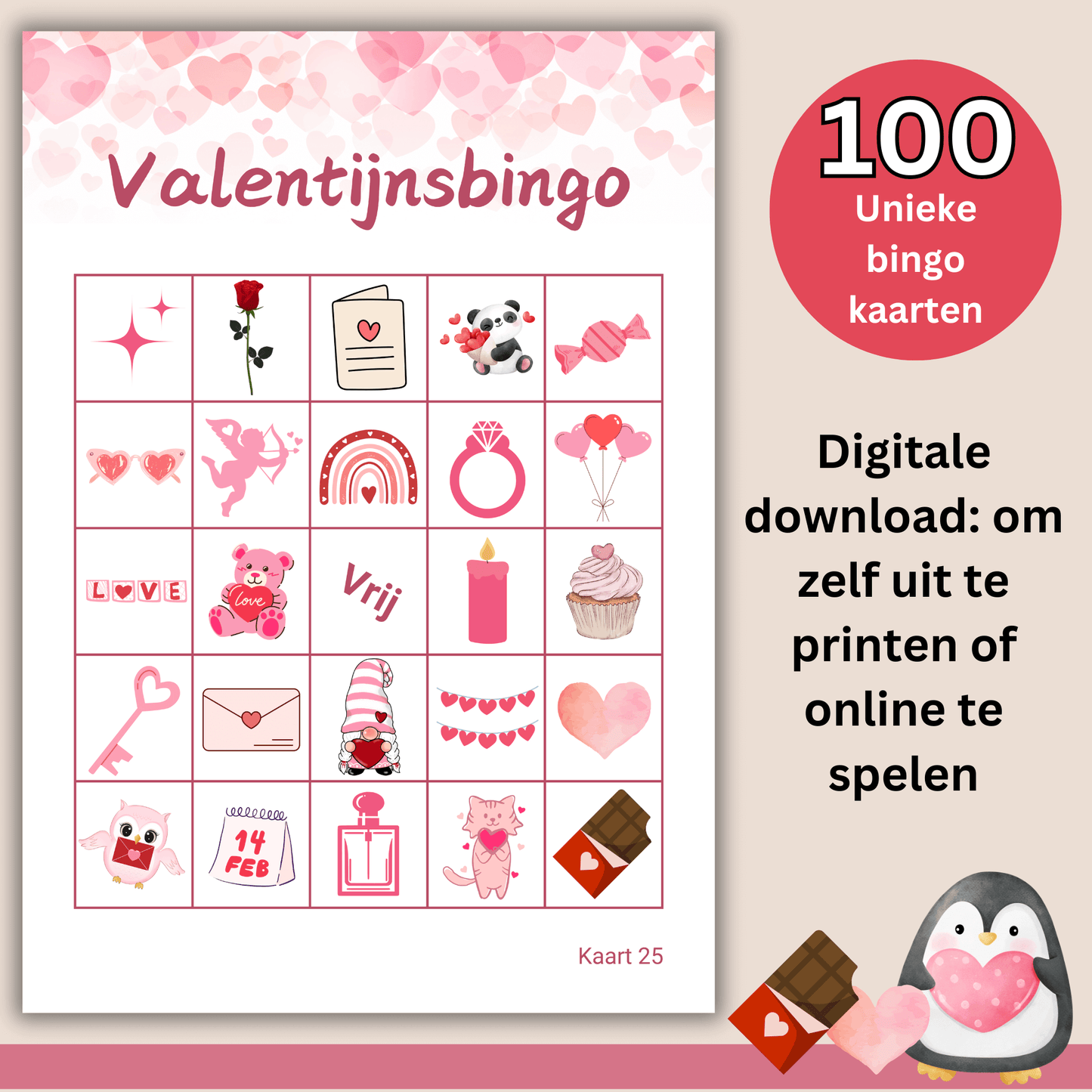 Valentijns activiteiten: Een liefdevolle bingo tot 100 spelers (PDF-download)