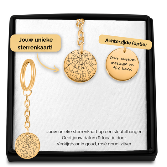 Gepersonaliseerde sleutelhanger met sterrenkaart van sterrenstand op datum en locatie