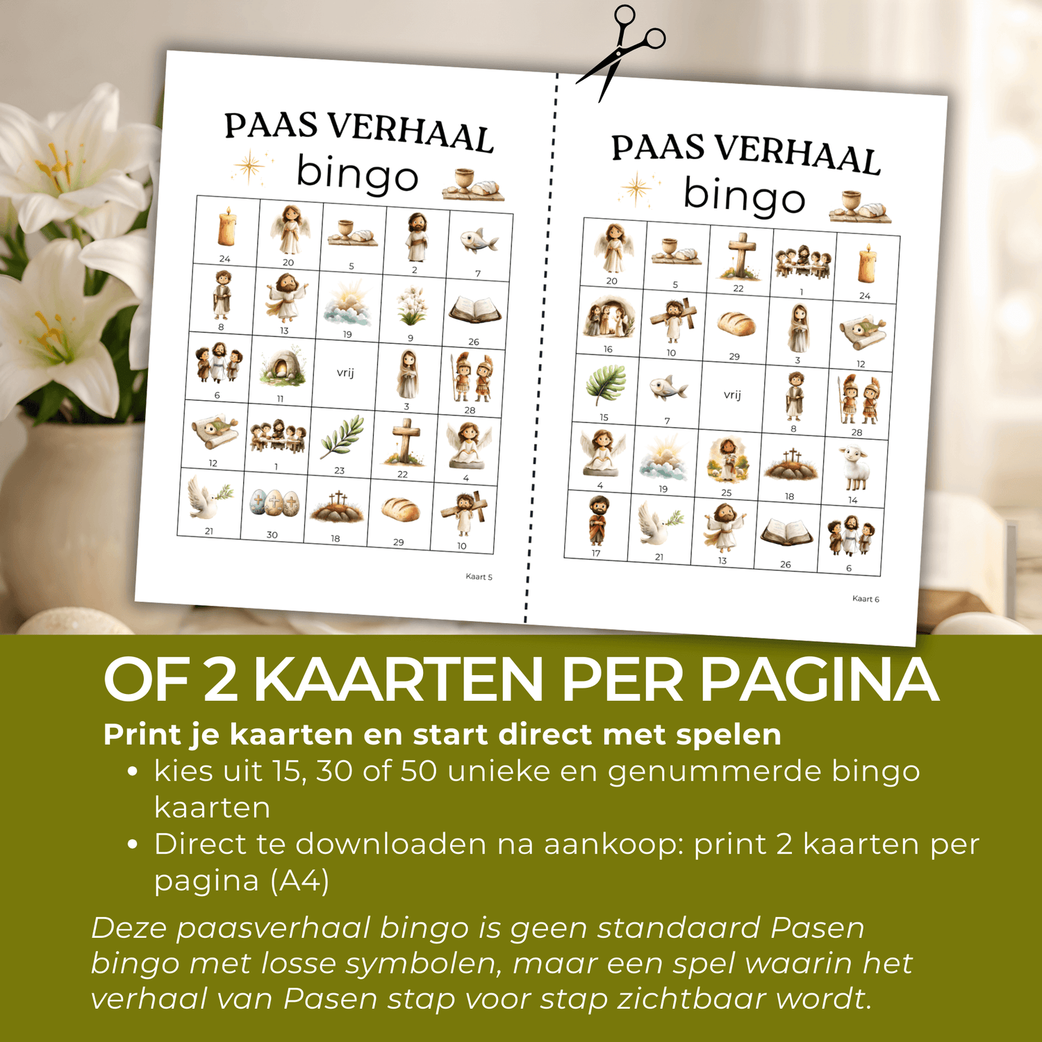 Pasen bingo met symbolen zoals kruis, leeg graf en palmtakken uit het paasverhaal.