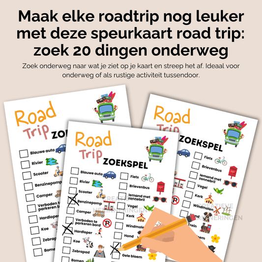 Road trip speurspel en afstreepkaart voor plezier tijdens lange ritten