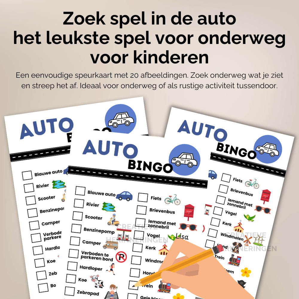 Eén A4 autobingo kaart als afstreepspel voor onderweg, ideaal voor op de achterbank