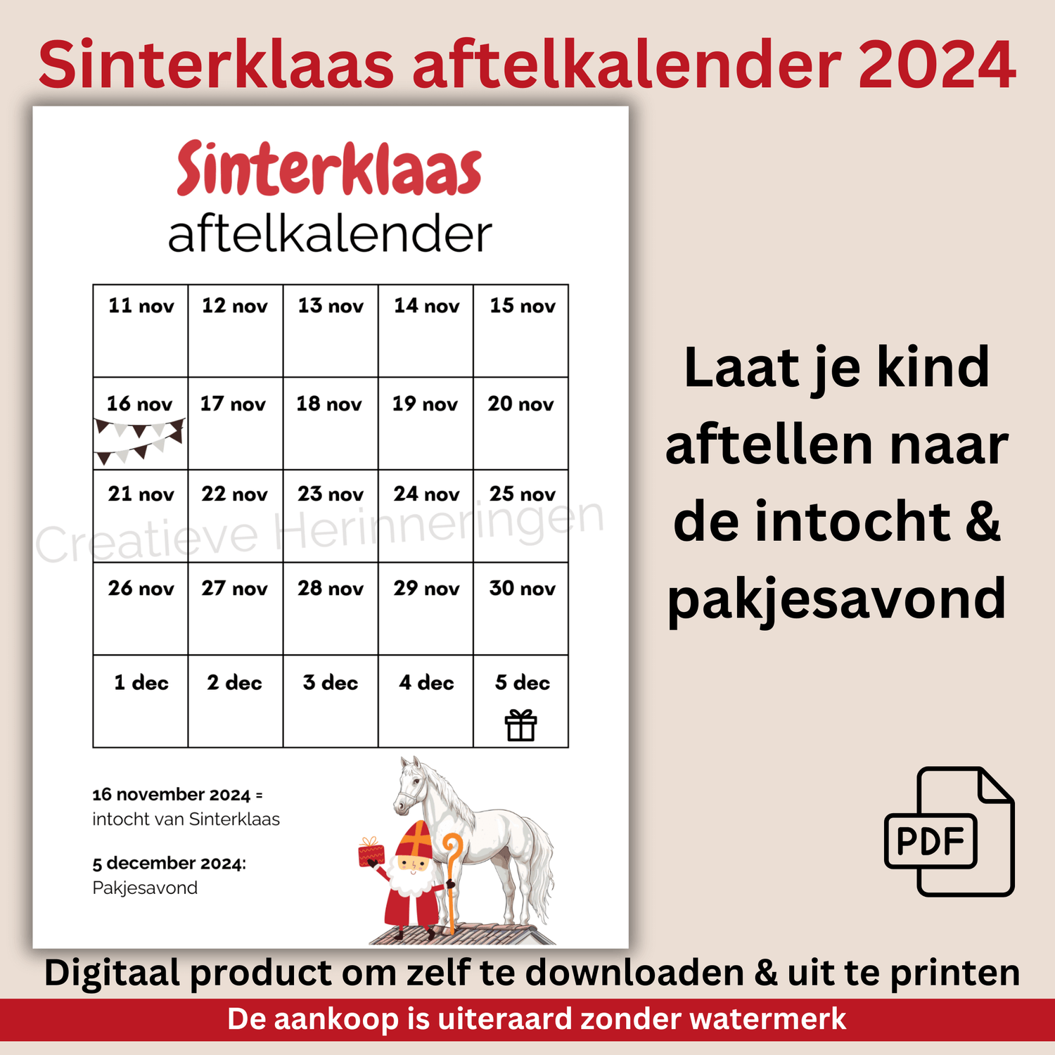 Printbare aftelkalender Sinterklaas 2024 om af te tellen naar pakjesavond en de intocht. Inclusief vrolijke illustraties voor kinderen